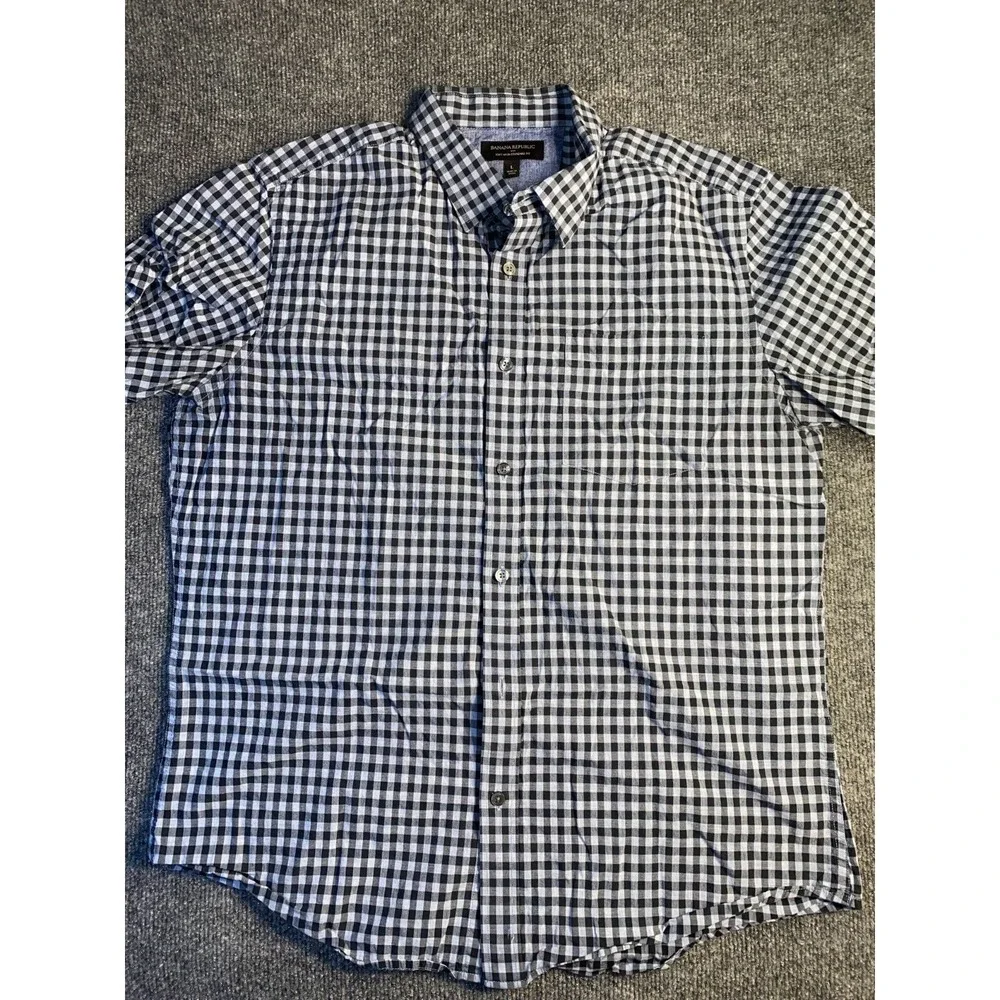 Banana Republic Shirt Men Large Black Gingham Soft Wash Standard Fit Button Down